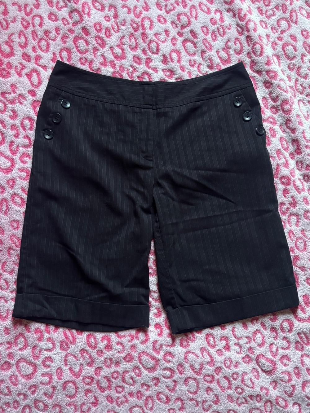 Black Pinstripe Bermuda Shorts with Button Detail